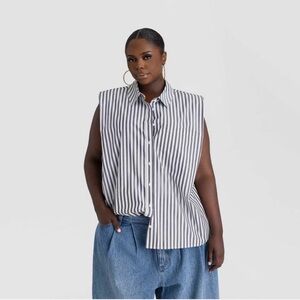 KBB by KAHLANA Women's Sleeveless 'The Shoulder Pad Shirt' - Blue/White Striped
